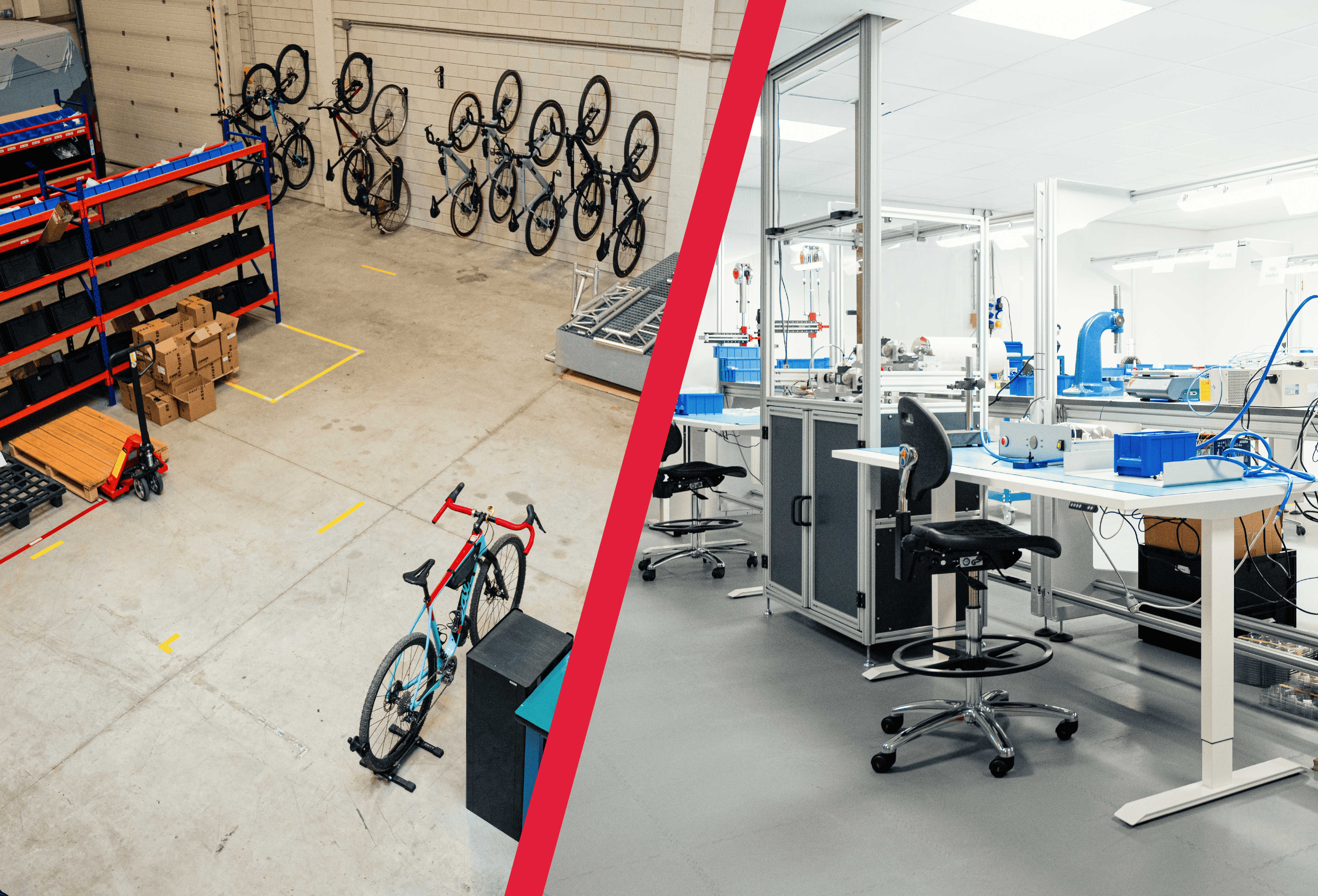 The image shows a split view of a bicycle storage and warehouse area on the left and a clean, modern assembly or laboratory workspace on the right.